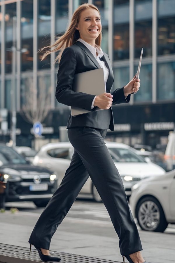 una-mujer-de-negocios-sonriente-caminando-en-un-banco-con-una-computadora-portatil